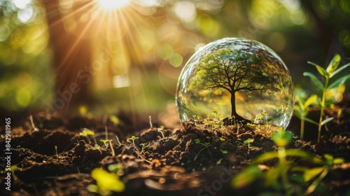 Earth globe with tree growing against green blurred nature background, eco concept