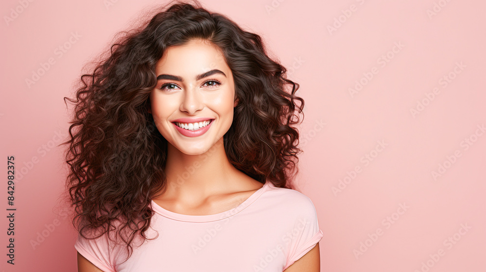A woman with curly hair is smiling and wearing a pink shirt A woman with curly hair is smiling and wearing a pink shirt