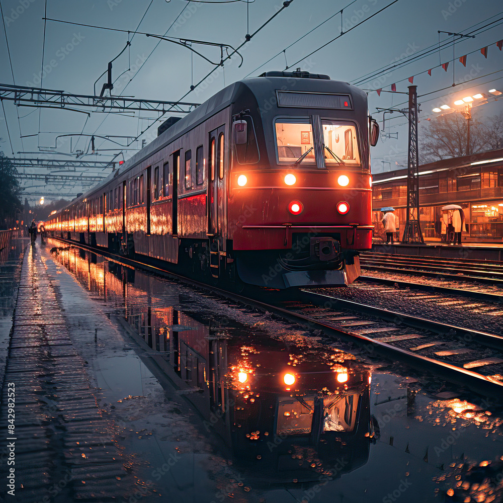 Obraz premium A train is on the tracks at night, with the lights on and the train lights on