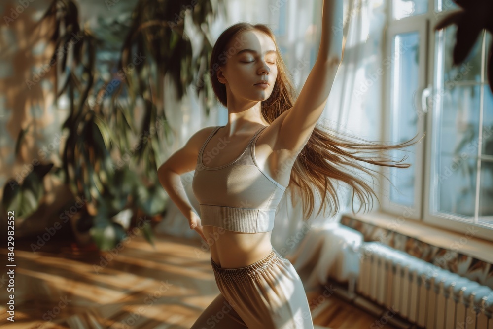 Young woman dancing in a sunlit dance studio