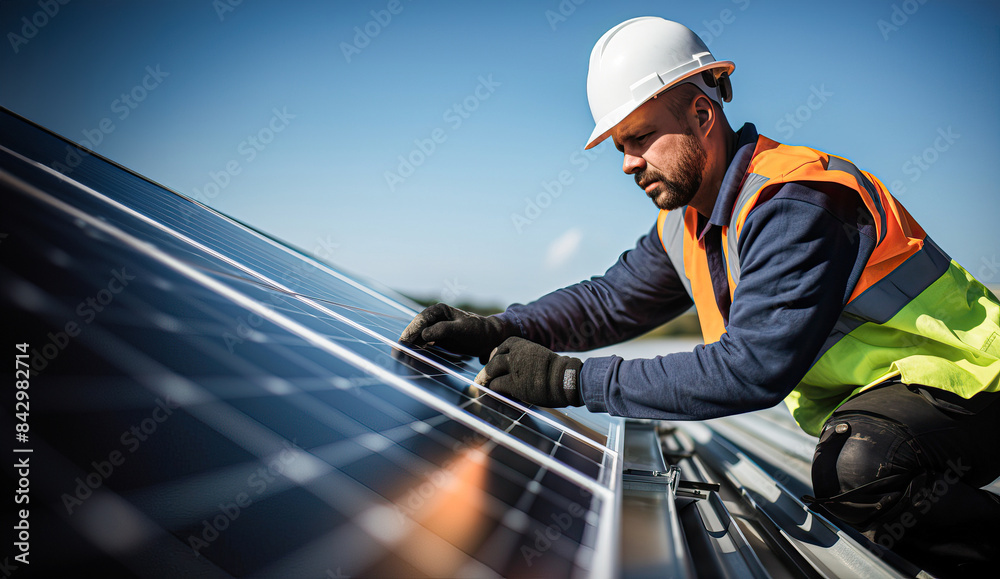 A man in a yellow vest is working on a solar panel A man in a yellow vest is working on a solar panel