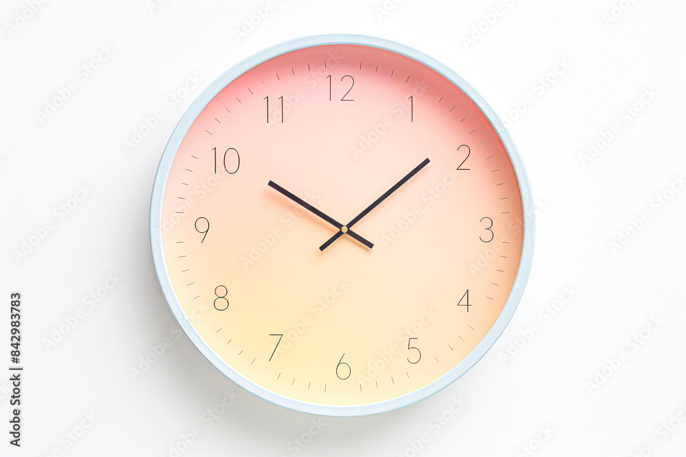 A clock with a pink and blue background and a white face A clock with a pink and blue background and a white face