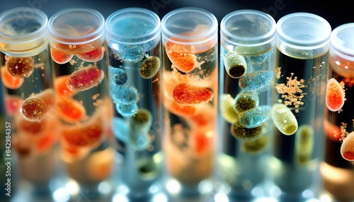 Colorful bacteria cultures in a row of test tubes showcasing diverse microbial growth under laboratory conditions. photo