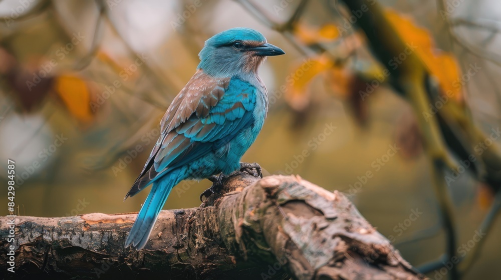 Blue European roller perched on a tree branch Blue European roller perched on a tree branch
