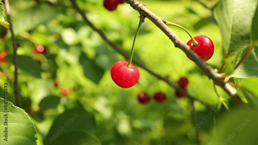 A tart red cherry hangs on a tree branch. Red cherry hangs on a cherry tree. Cultivation of cherries.
A tart red cherry hangs on a tree branch. Red cherry hangs on a cherry tree. Cultivation of cherries.