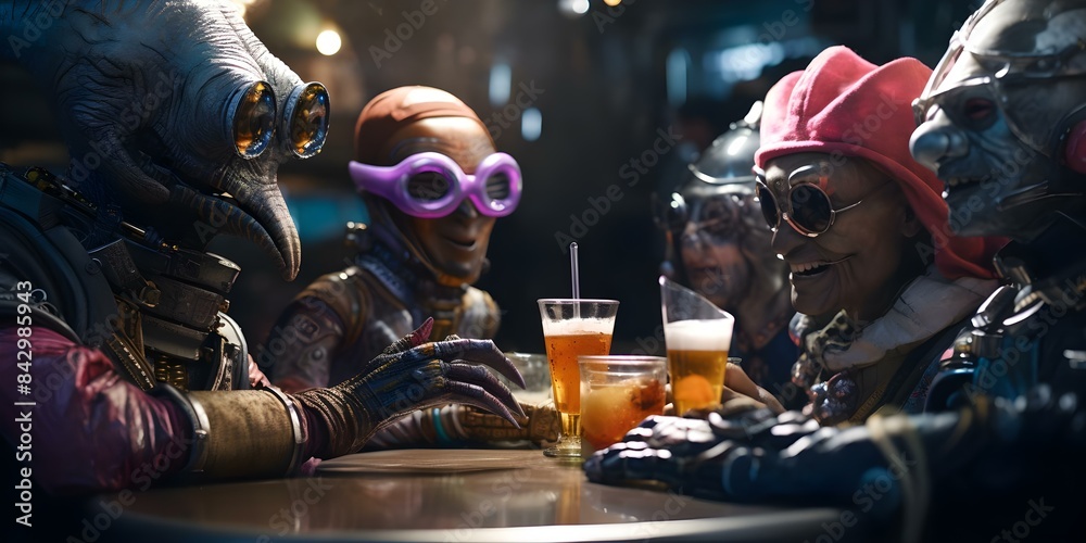 Aliens and humans socializing in a galactic diner enjoying drinks and conversation. Concept Sci-fi, Intergalactic, Socializing, Alien Encounters, Galactic Diner Aliens and humans socializing in a galactic diner enjoying drinks and conversation. Concept Sci-fi, Intergalactic, Socializing, Alien Encounters, Galactic Diner