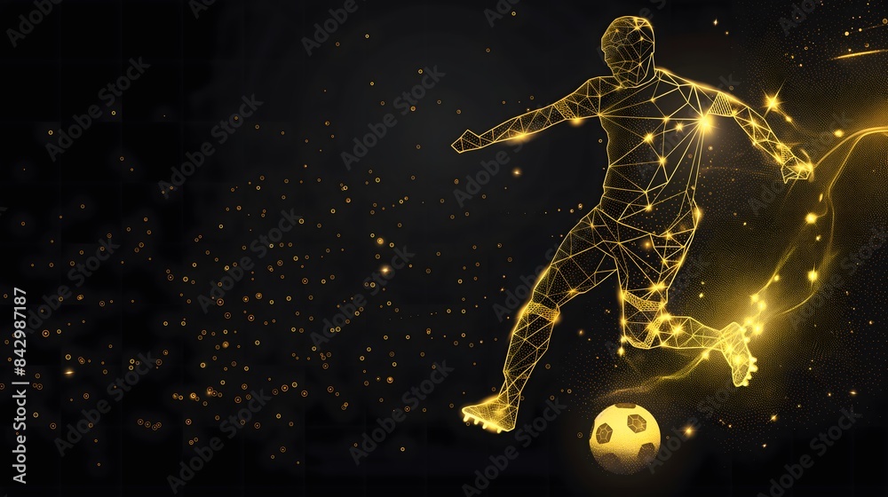 Naklejka premium Golden Low Poly Soccer Player with Geometric Design, Illuminated Abstract Sports Art on Dark Background