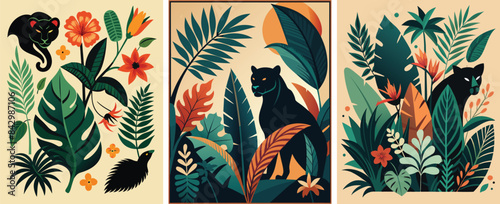 Flowers and leaves. Vector illustrations of fern, bird of paradise, black panther, palm leaf and other tropical plants for background.
