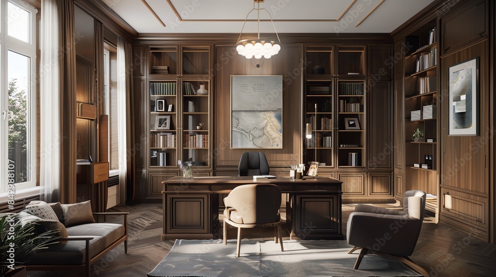 A luxurious and spacious home office with large windows, wooden paneling, and a comfortable seating area. Sunlight streams in, creating a warm and inviting atmosphere. A luxurious and spacious home office with large windows, wooden paneling, and a comfortable seating area. Sunlight streams in, creating a warm and inviting atmosphere.