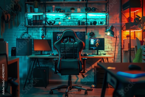 A modern gaming setup with a comfortable chair, multiple monitors, and colorful lighting.