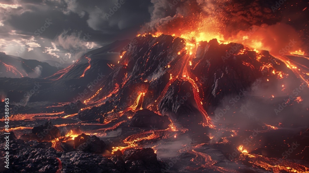 The ground beneath a volcano trembling as a pyroclastic flow rushes down its sides consuming everything in its path. The ground beneath a volcano trembling as a pyroclastic flow rushes down its sides consuming everything in its path.