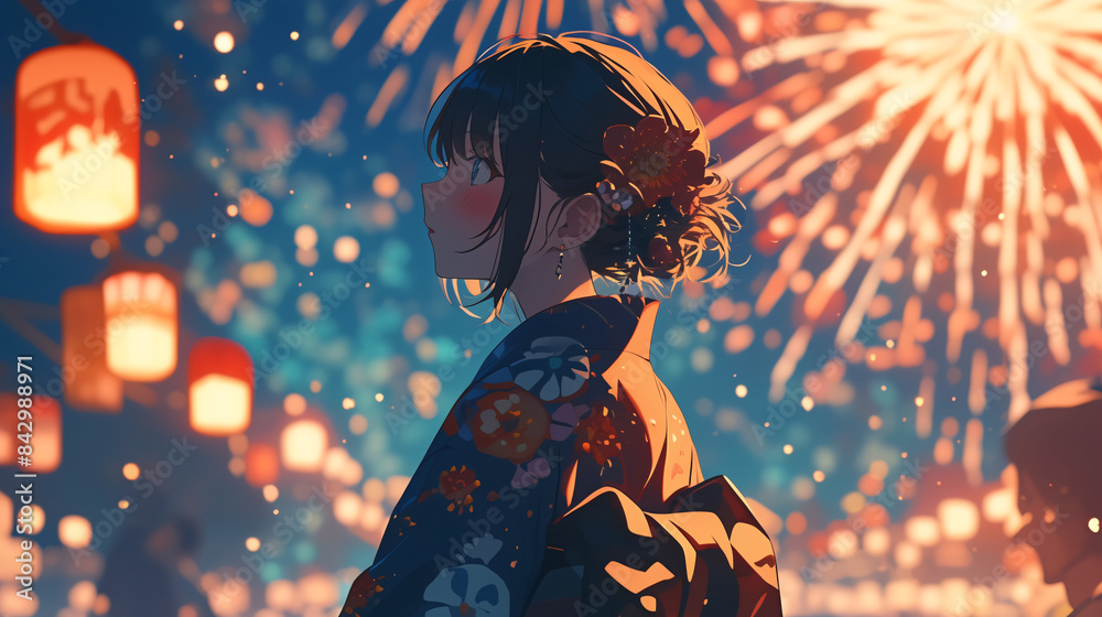 A portrait capturing an anime or manga girl completely immersed in the vibrant night festival, embraced by the captivating beauty of dazzling fireworks A portrait capturing an anime or manga girl completely immersed in the vibrant night festival, embraced by the captivating beauty of dazzling fireworks