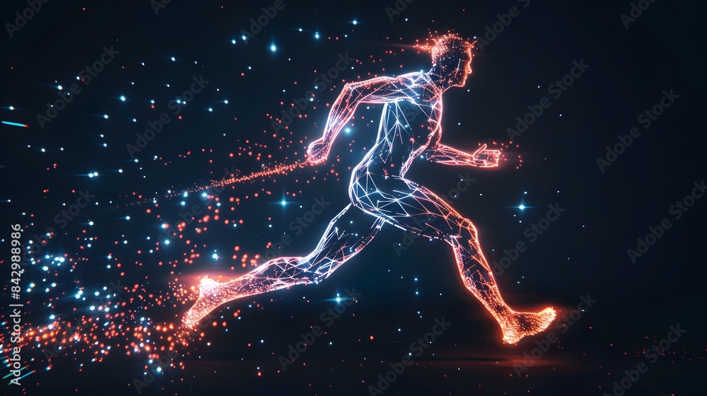 Digital illustration of athlete running, blue and red interconnected points and lines on black background Digital illustration of athlete running, blue and red interconnected points and lines on black background