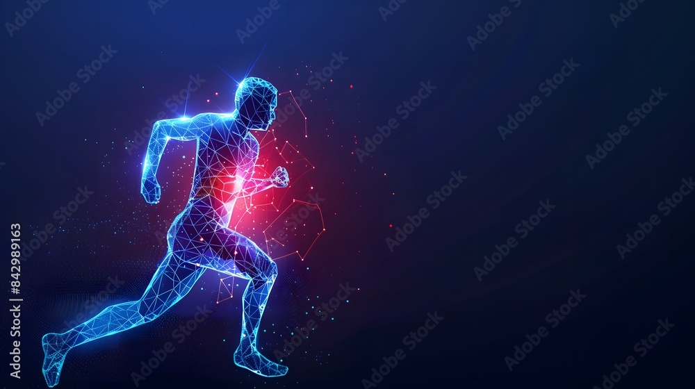 Digital swimmer silhouette, interconnected blue and red light nodes on dark background Digital swimmer silhouette, interconnected blue and red light nodes on dark background