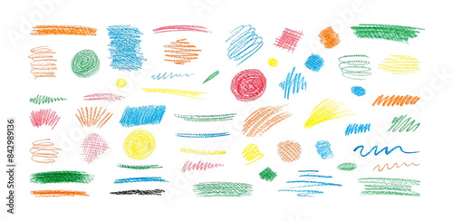 Collection  colorful charcoal brush strokes, wavy lines shapes.Hand drawn vector abstract shapes  lines drawn with pencil  bright colored charcoal.Circles, scribbles and strokes.