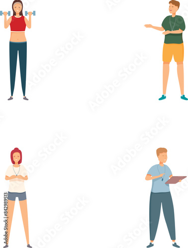 Vector illustrations of four individuals involved in various tasks, exercising, explaining, showing displeasure, and taking notes