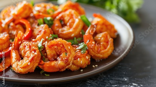 Asian style fried shrimp with sweet and tangy stir fry served on a plate