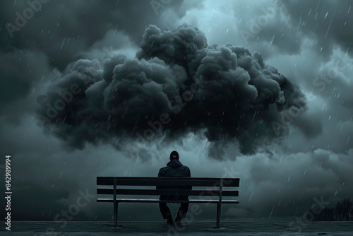 Man sitting with a black storm cloud raining over his head. Pessimistic, sad, unlucky, misfortune photo