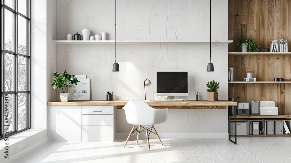 Modern minimalist home office with a white desk, chair, and wood shelves. Large window with natural light. Modern minimalist home office with a white desk, chair, and wood shelves. Large window with natural light.