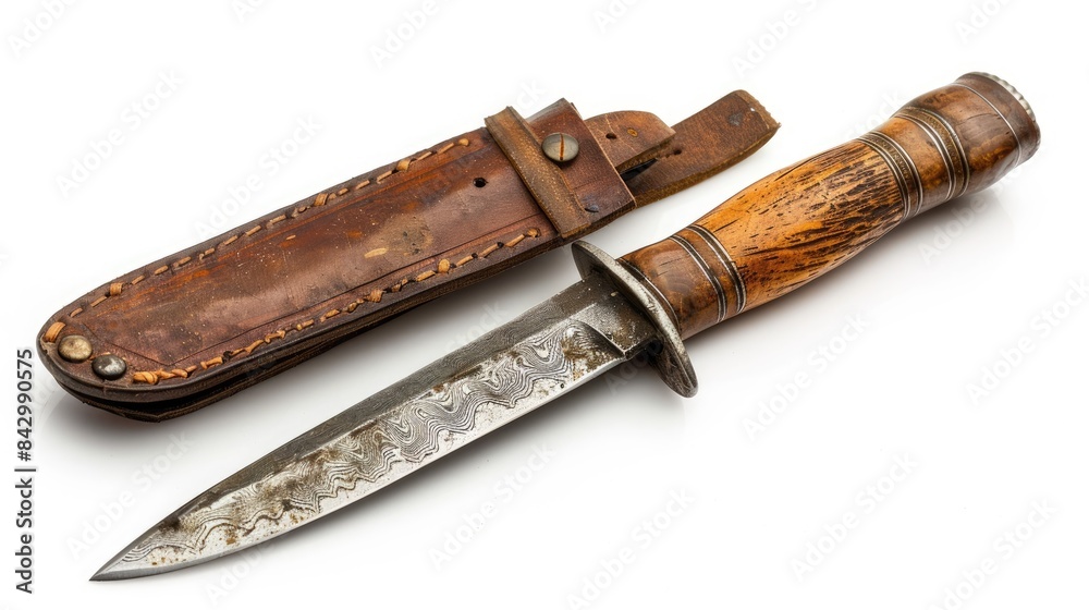 Decorative Carving Blade Viking Antique Hunting Knife with Wooden Handle and Leather Case on White Background Decorative Carving Blade Viking Antique Hunting Knife with Wooden Handle and Leather Case on White Background
