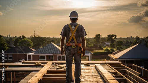 A man in a hard hat stands on a construction site. The sky is cloudy and the sun is setting