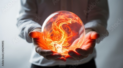 a person holds a burning ball in his hands  the concept of knowledge  light  energy  power