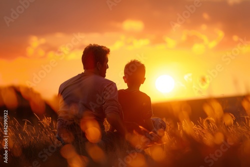 Father And Son Sitting On The Grass Watching The Sunset, Father's Day