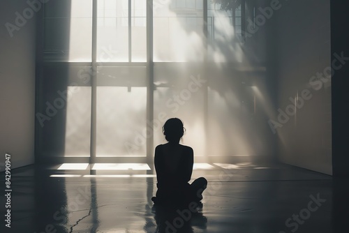 Silhouette of a person sitting on the floor, looking out a large window with sunlight streaming in. The room is empty except for the person.