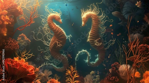 Two seahorses swim together amongst a vibrant coral reef, bathed in a soft, golden light