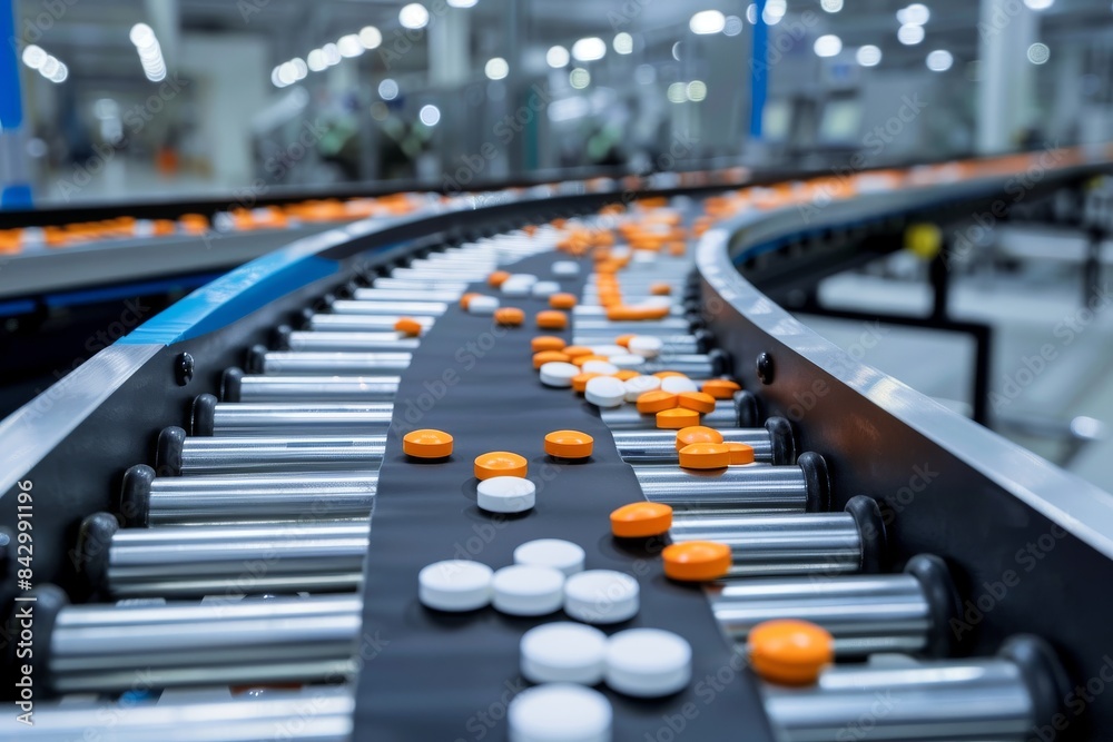 Conveyor belt transporting tablets in a pharmaceutical factory Conveyor belt transporting tablets in a pharmaceutical factory