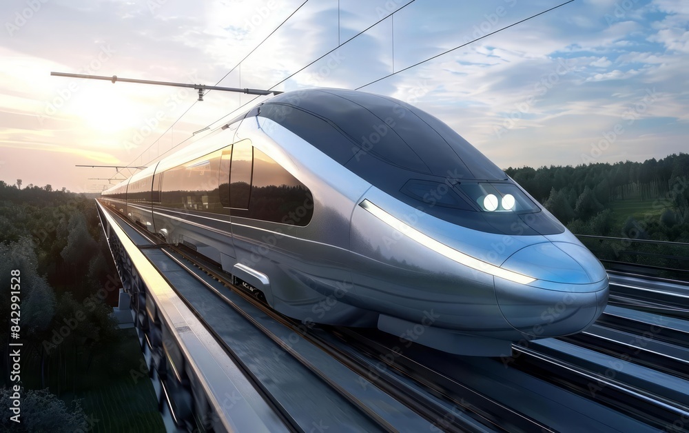 Fototapeta premium A highspeed rail transport system with sleek trains traveling through a futuristic countryside