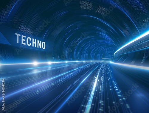 A futuristic tunnel illuminated with blue lights and digital patterns, featuring the word TECHNO on the left side.