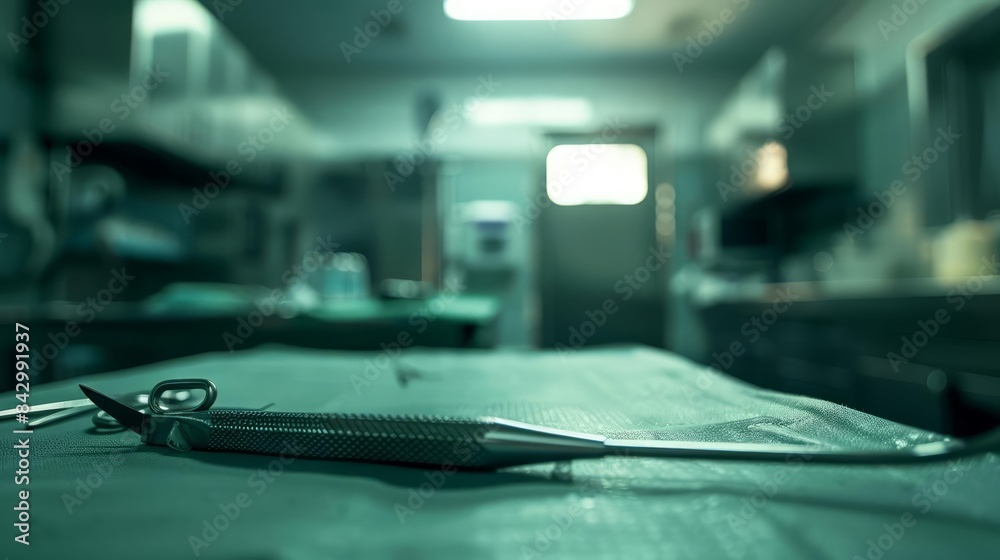 A scalpel ready for use in a sterile operating room, with precise detailing A scalpel ready for use in a sterile operating room, with precise detailing