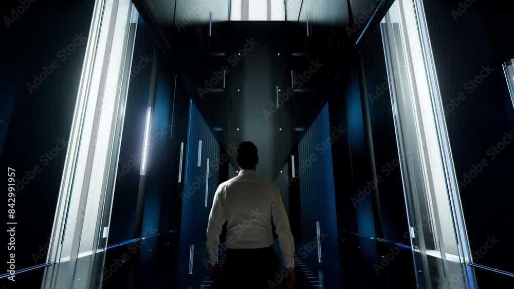 free online cources. Man in Futuristic Office Interior Moving and Activating Hologram.