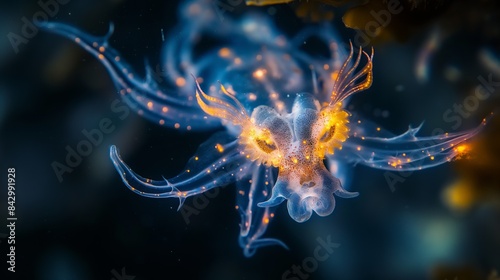 A close-up image of a blue dragon nudibranch swimming in the ocean