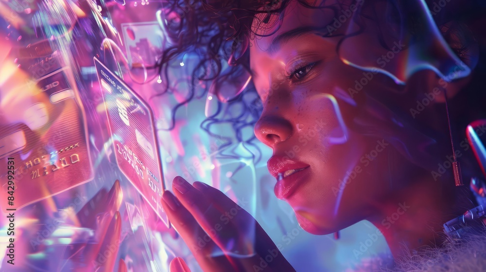A surreal closeup of a woman holding a credit card that transforms into various forms, amidst a dreamlike backdrop, illustrating a whimsical and imaginative selection process A surreal closeup of a woman holding a credit card that transforms into various forms, amidst a dreamlike backdrop, illustrating a whimsical and imaginative selection process