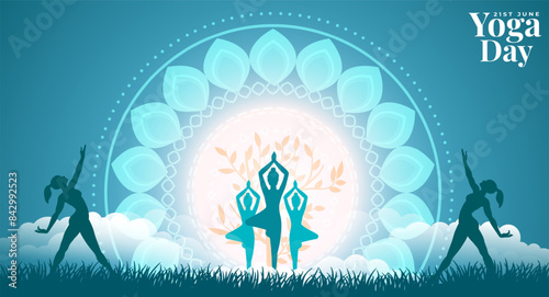 International yoga day design poster, World Yoga Day Design: Mandala Art and Yoga Silhouettes, Celebrate Yoga Day with Meditation and Mandala Art