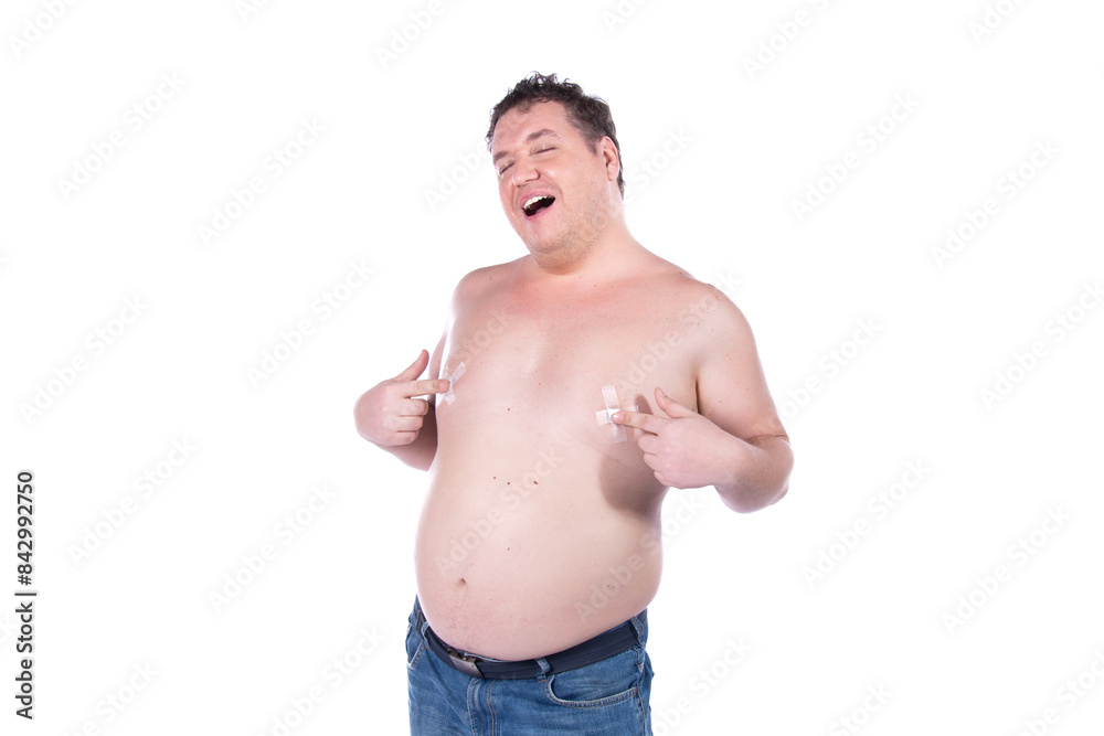 Funny fat man fantasizes about adult games. White background.