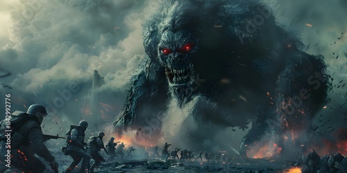 Giant evil creature with red eyes battling soldiers in a fierce confrontation. Concept Fantasy, Battle Scene, Confrontation, Soldiers, Evil Creature photo