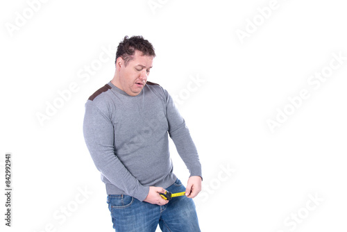 Konstfotografi Funny fat man fantasizes about adult games. White background.