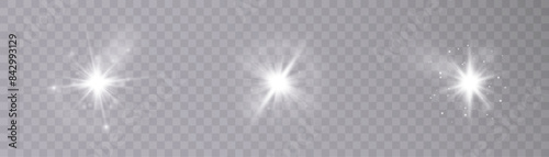 White glowing light explodes on a transparent background. Bright Star. Transparent shining sun, bright flash. Vector graphics.	
