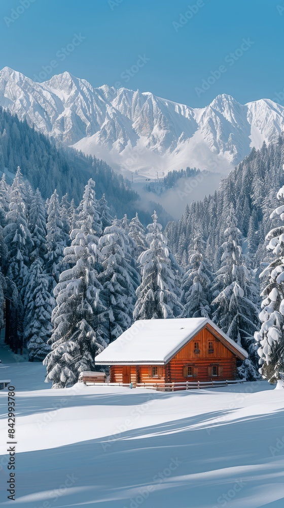 A cabin in the woods with snow on the ground and mountains in the background A cabin in the woods with snow on the ground and mountains in the background