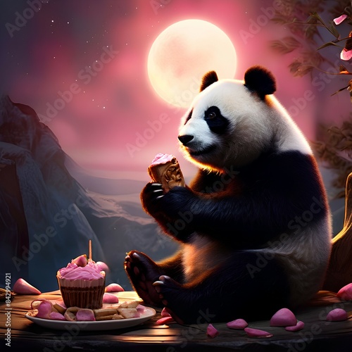 Panda indulging in a snickers bar positioned center frame