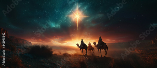 Christmas star on blue sky and three wise men. Christian illustration