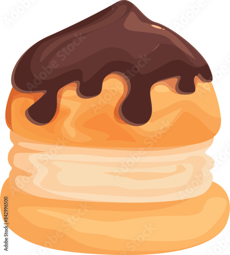 Delicious profiterole decorated with chocolate cream flowing down being served on white plate