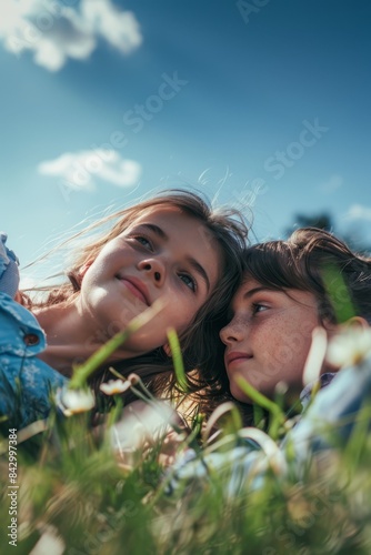 two young girls laying in the grass photo