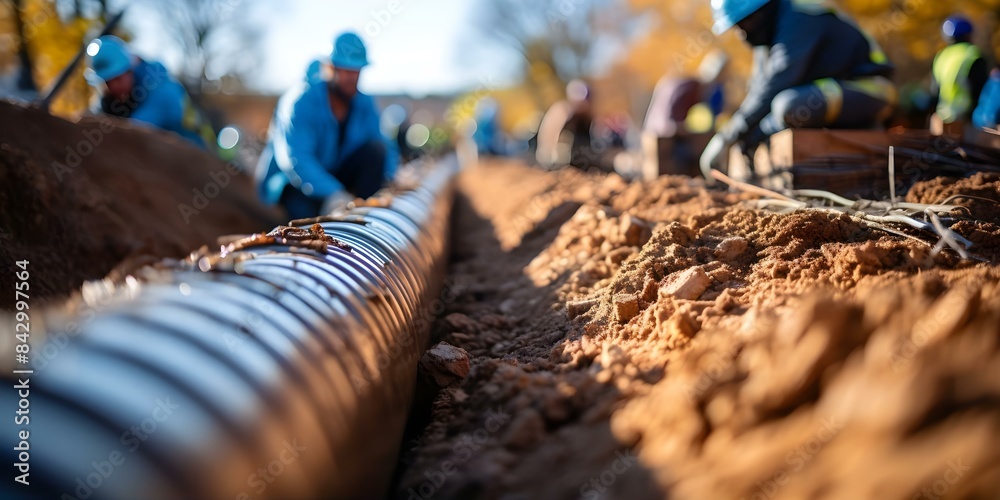 Installing Metal Pipes in Trench for Underground Water Line