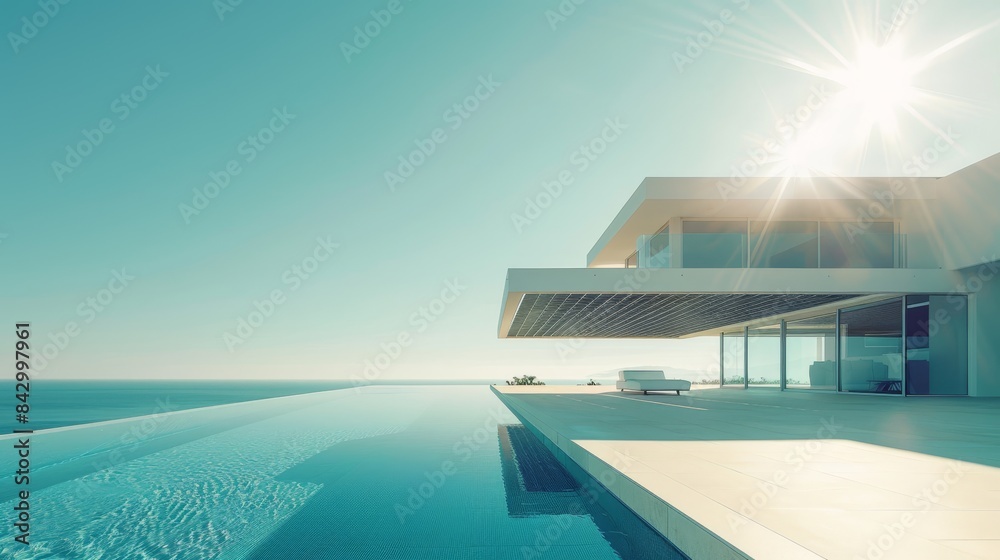 modern house with swimming pool and sun on the horizon modern house with swimming pool and sun on the horizon