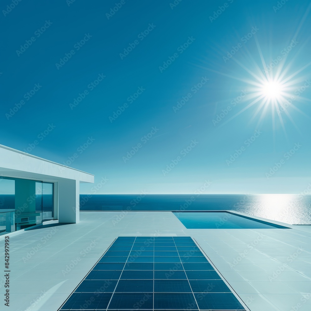 modern house with pool and sun on blue sky modern house with pool and sun on blue sky