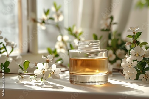 a bottle of perfume sits on a table with flowers